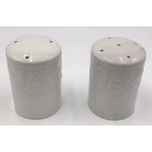 Vintage Art Deco White Ceramic Floral Salt and Pepper Shaker Set embossed leaf